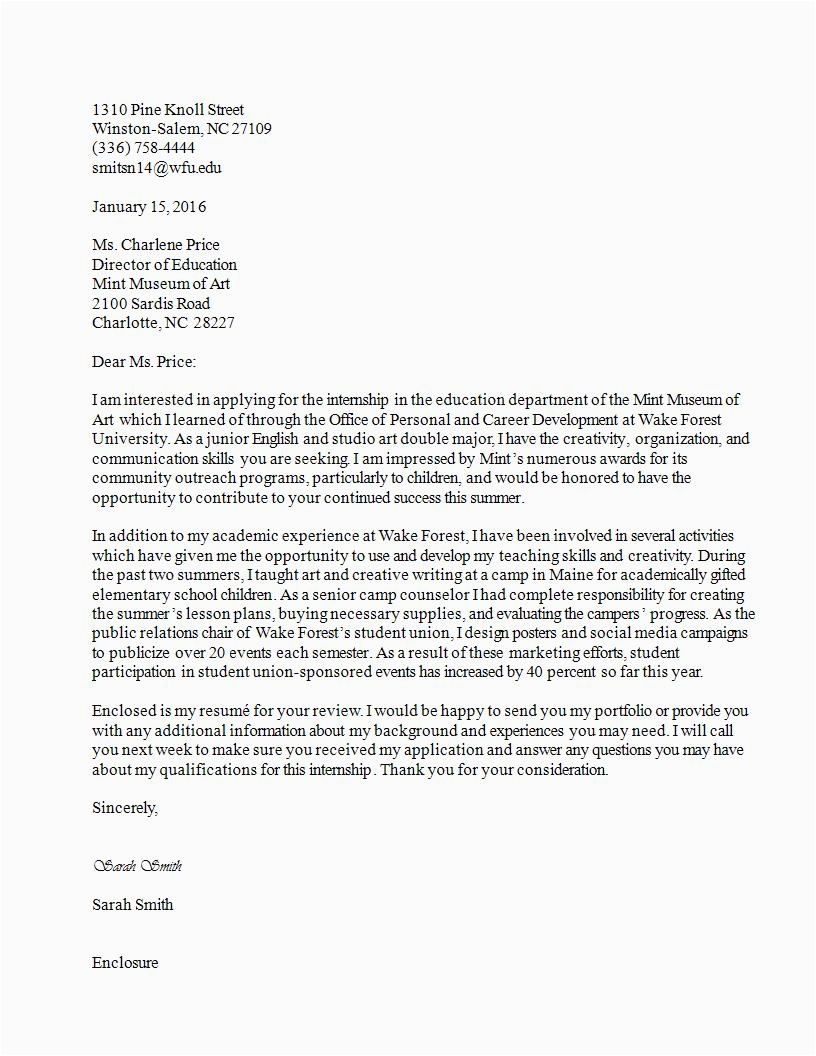 Sample Cover Letter for Resume Internship 16 Best Cover Letter Samples for Internship