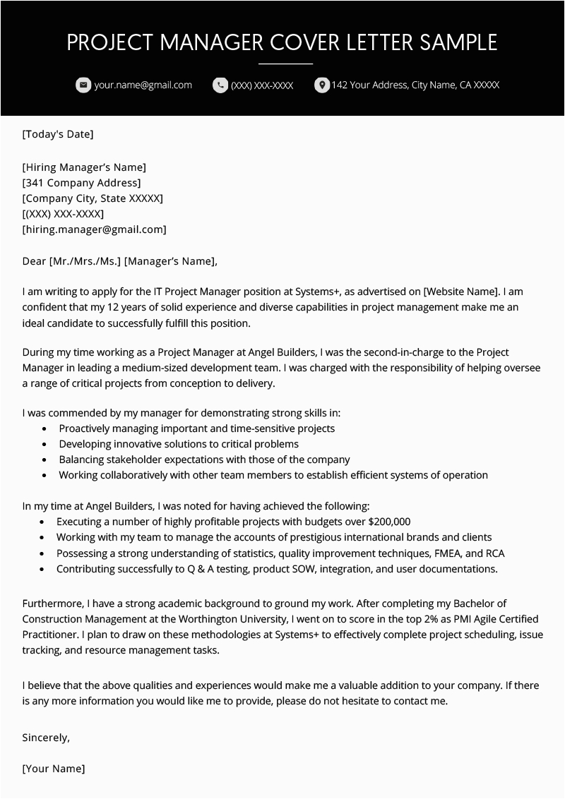 Sample Cover Letter for Resume Project Manager Project Manager Cover Letter
