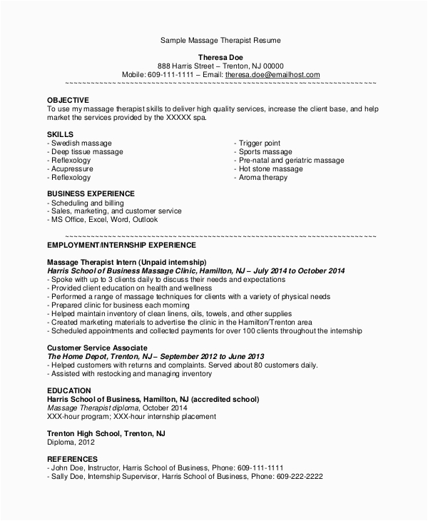 Sample Functional Resume for Massage therapist Free 7 Sample Massage therapist Resume Templates In Pdf