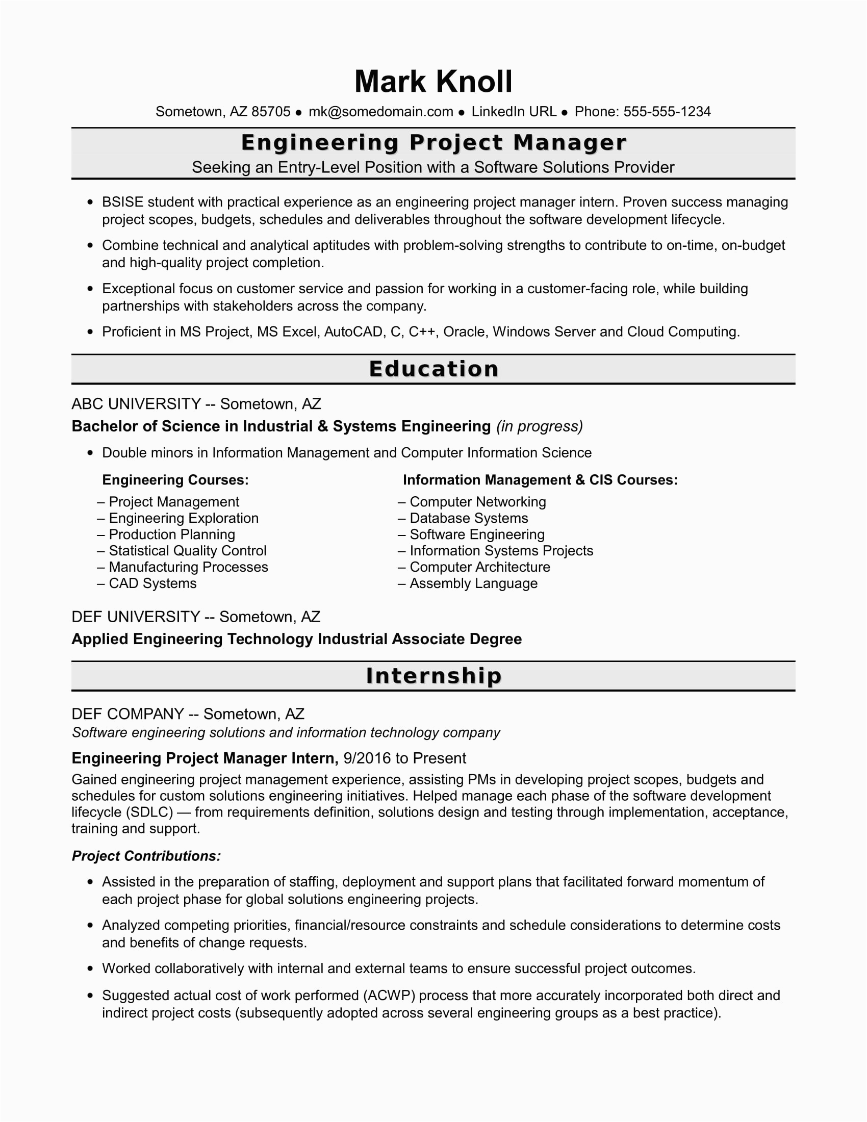 Sample Of Entry Level Engineering Resume Entry Level Project Manager Resume for Engineers