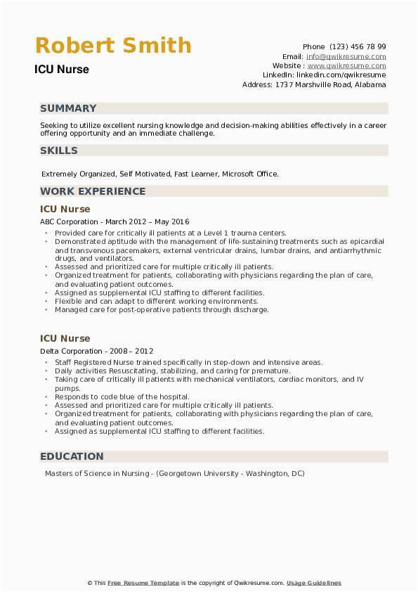 Sample Of Experienced Icu Nurse Resume Icu Nurse Resume Samples