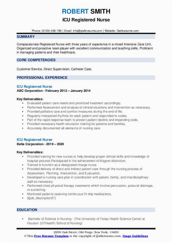 Sample Of Experienced Icu Nurse Resume Icu Registered Nurse Resume Samples
