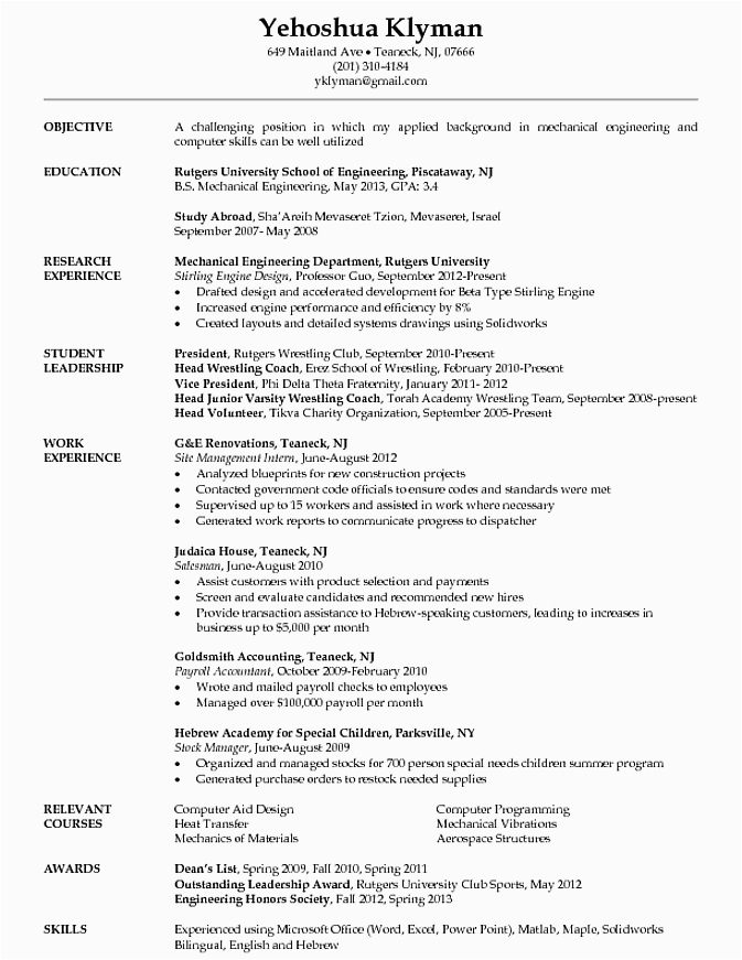 Sample Of Resume for Mechanical Engineering Undergraduate Engineering Student Resume Google Search