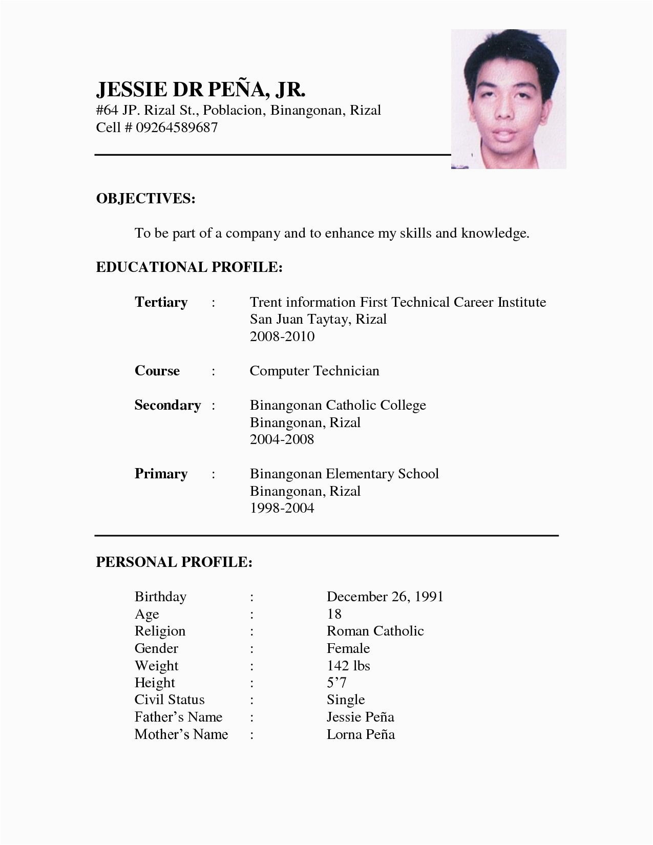 Sample Of Simple Resume for Job Application Job Application Simple Resume format for Job Restume
