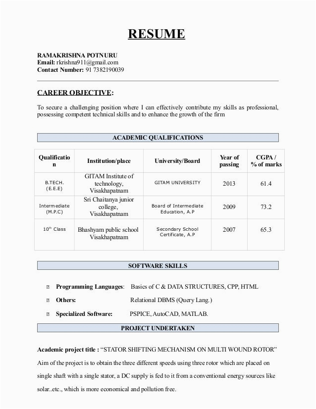 Sample Resume for B Tech Cse Students B Tech Resume