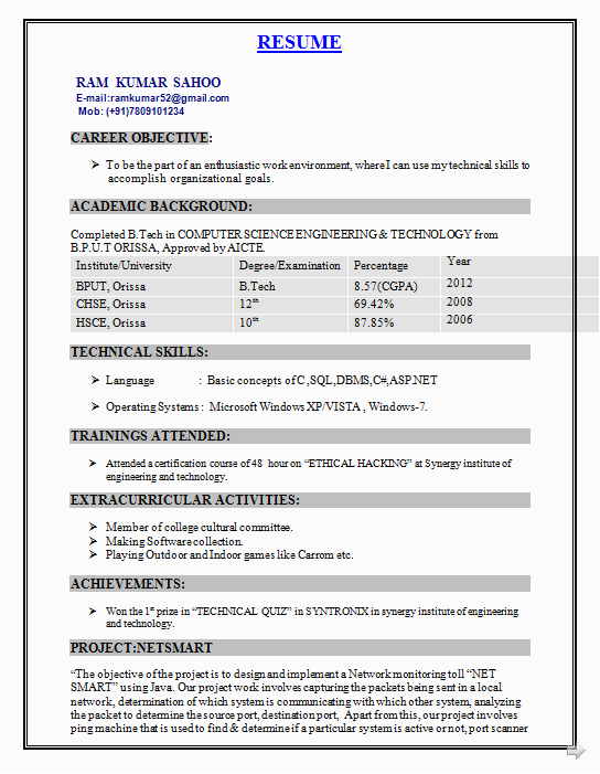 Sample Resume for B Tech Cse Students Resume format for B Tech Cse Tag Resume format for Freshers B Tech Cse