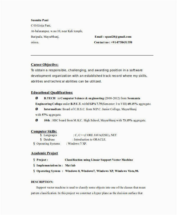 Sample Resume for B Tech Cse Students Resume Samples for Freshers B Tech Cse Free Download Resume
