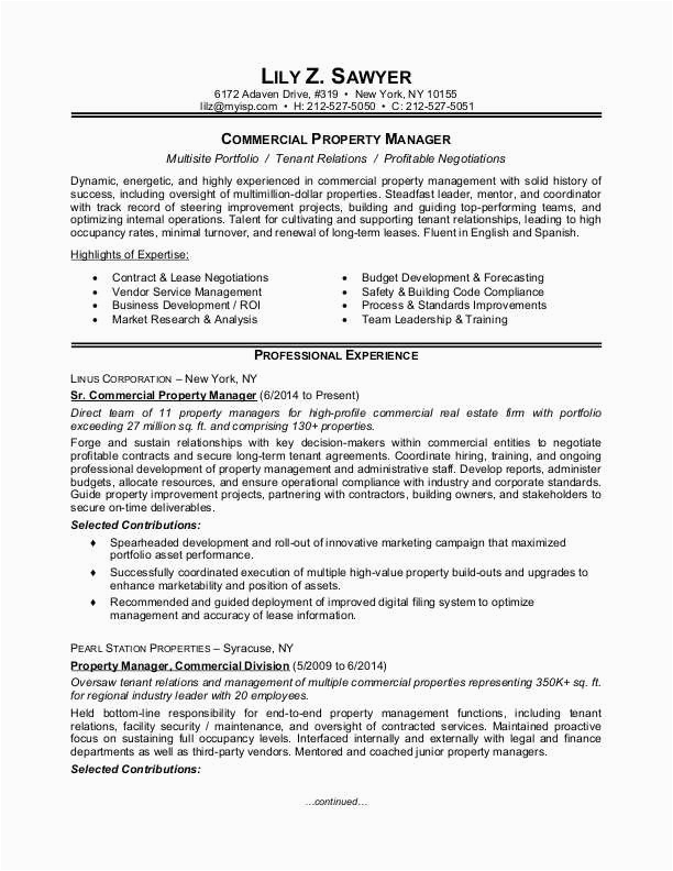 Sample Resume for Commercial Property Manager Property Manager Resume Sample