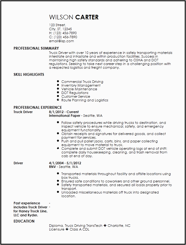 Sample Resume for Commercial Truck Driver Mercial Truck Driver Resume