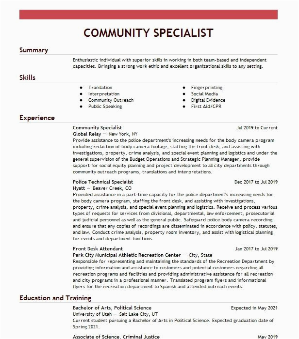 Sample Resume for Community Employment Specialist Munity Readiness Specialist Resume Example Pany Name Sanford