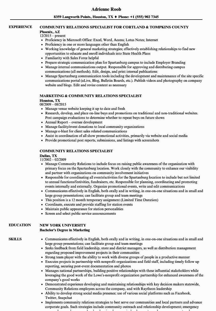 Sample Resume for Community Employment Specialist Munity Relations Specialist Resume Samples