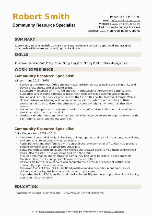 Sample Resume for Community Employment Specialist Munity Resource Specialist Resume Samples