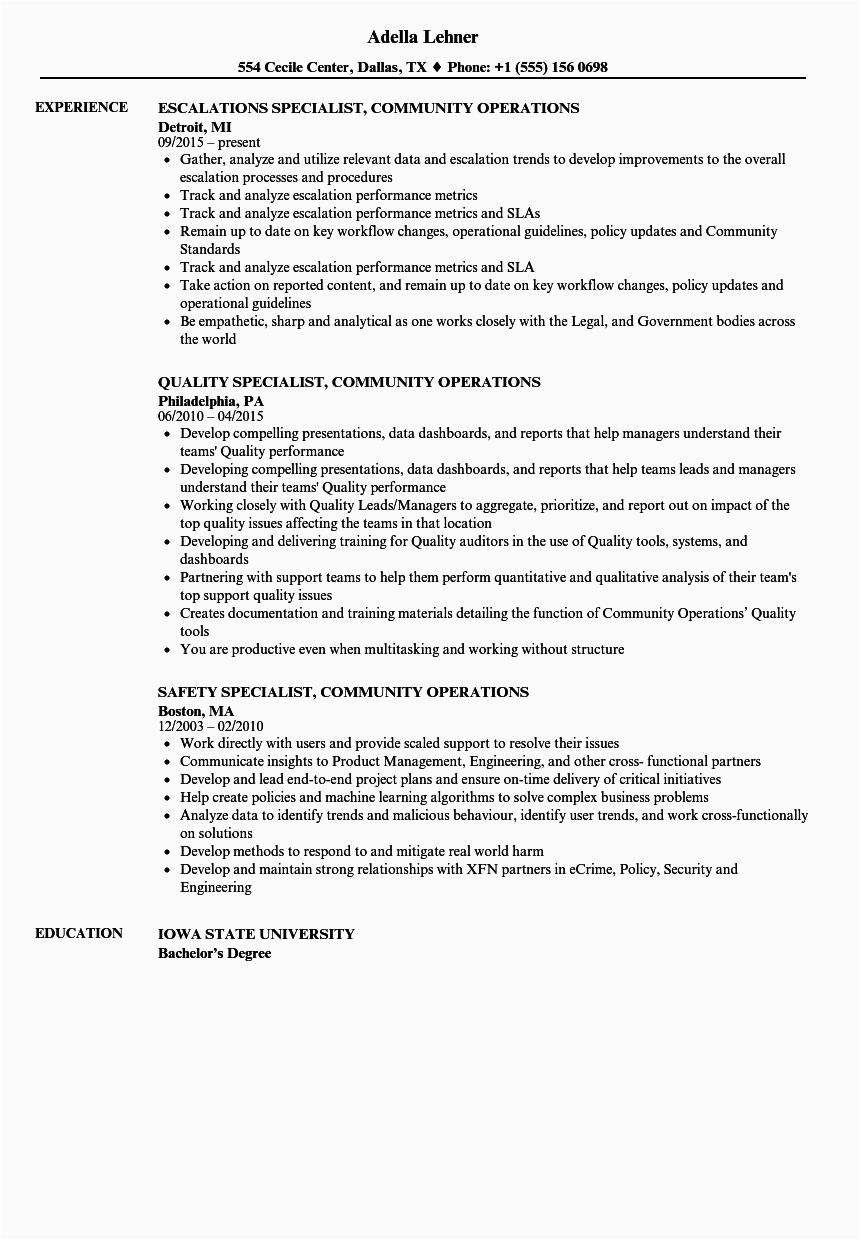 Sample Resume for Community Employment Specialist Specialist Munity Operations Resume Samples
