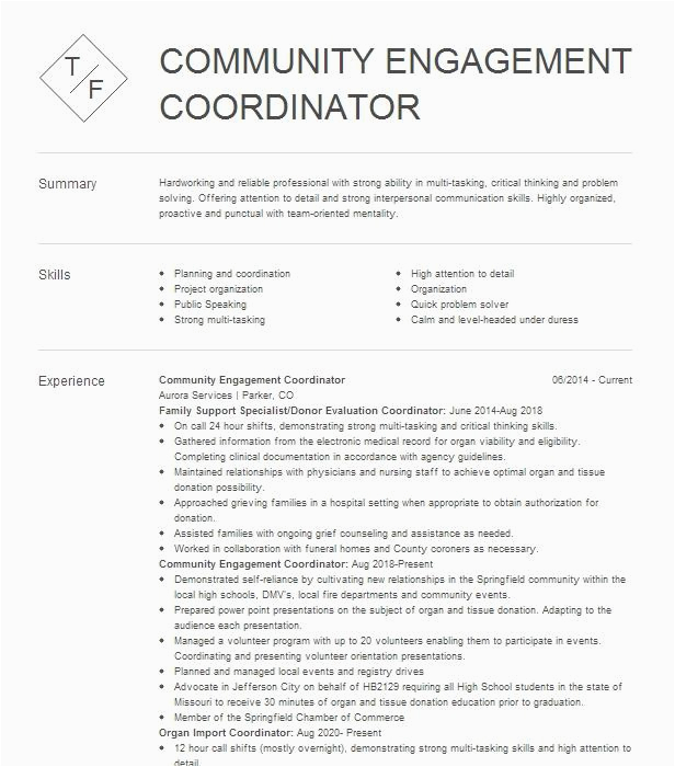 Sample Resume for Community Engagement Coordinator Munity Engagement Coordinator Resume Example Pany Name