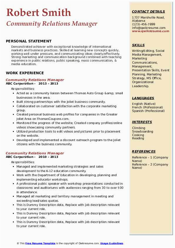 Sample Resume for Community Relations Manager Munity Relations Manager Resume Samples