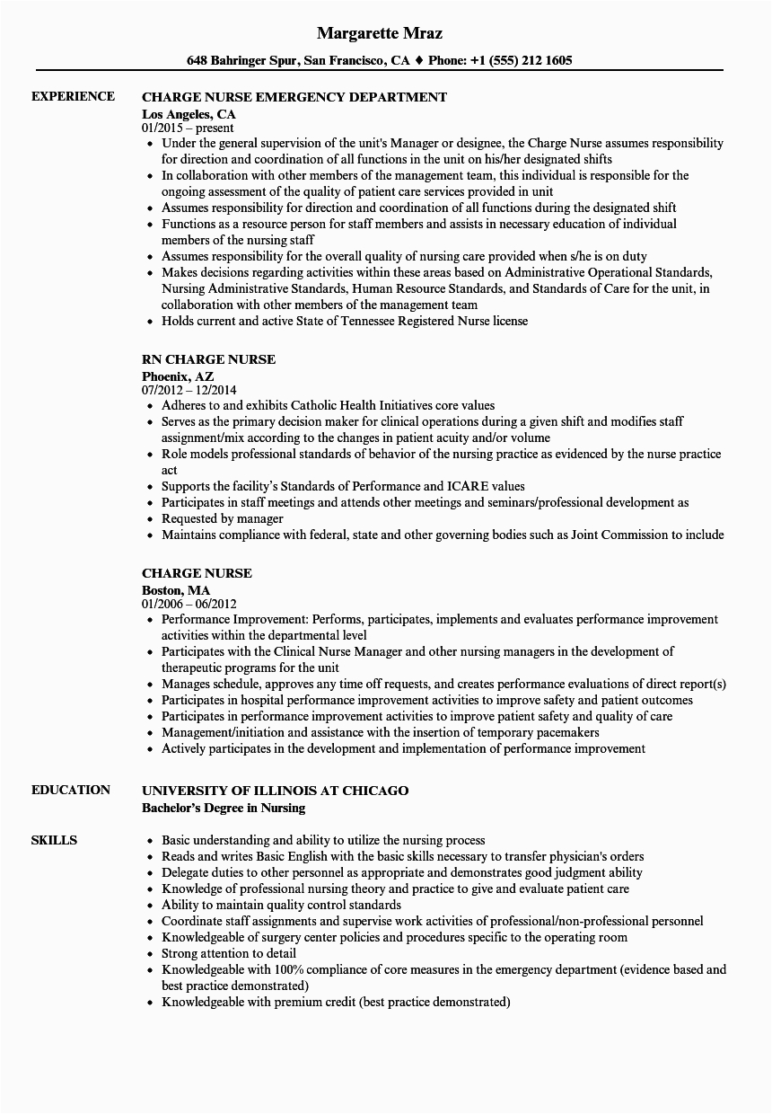 Sample Resume for Company Nurse with Job Description Charge Nurse Resume