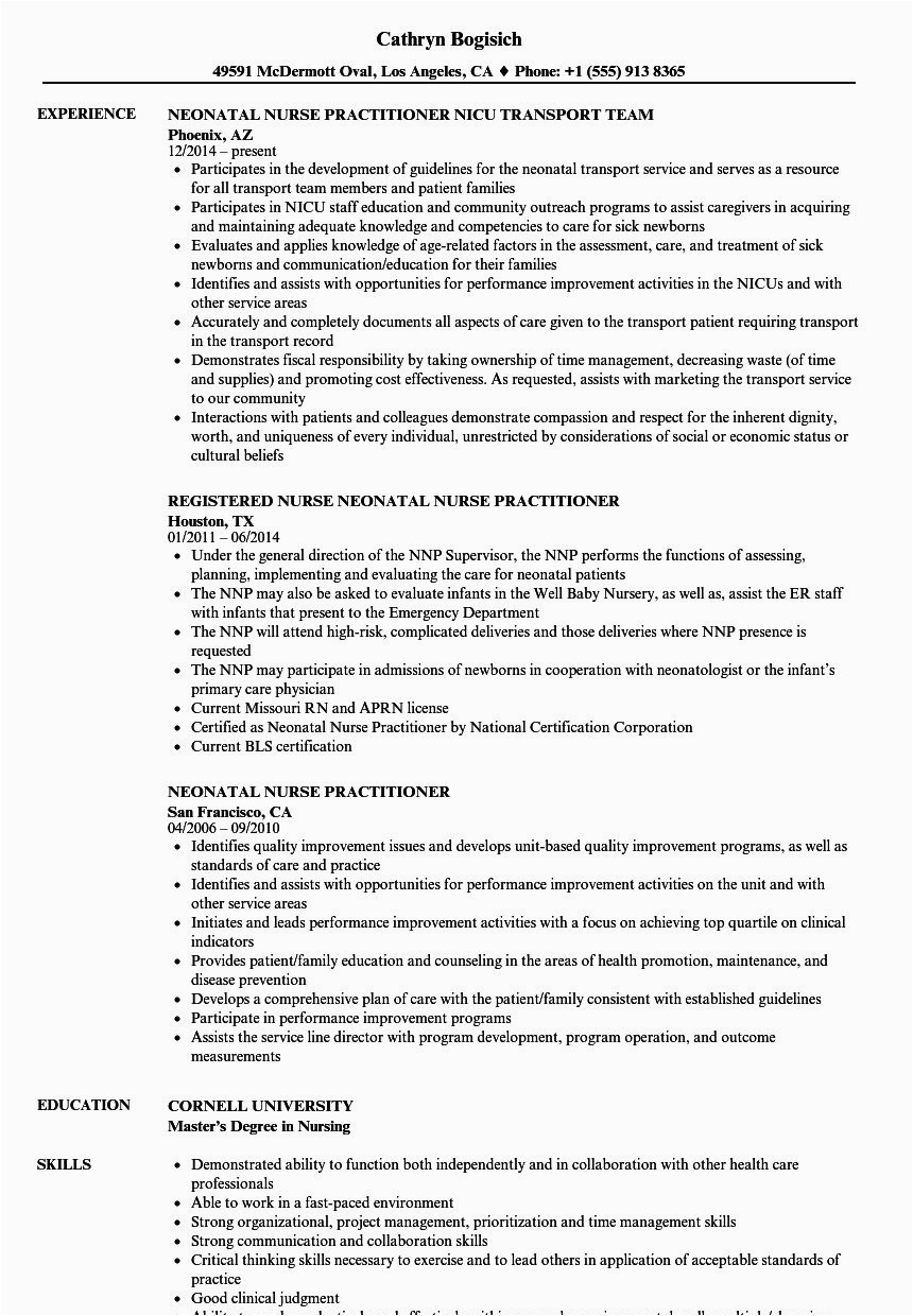 Sample Resume for Company Nurse with Job Description Family Nurse Practitioner Resume Inspirational Neonatal Nurse