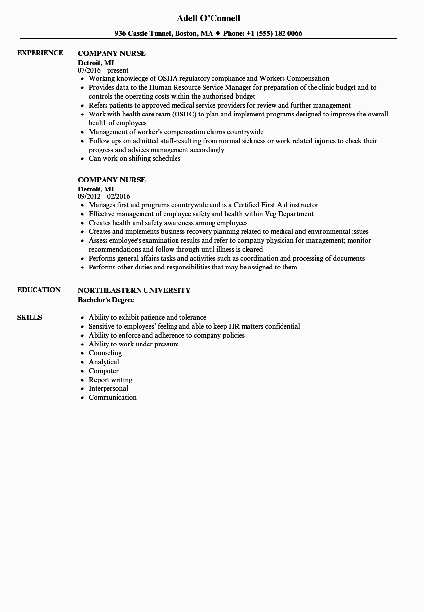 Sample Resume for Company Nurse with Job Description Pany Nurse Resume Samples