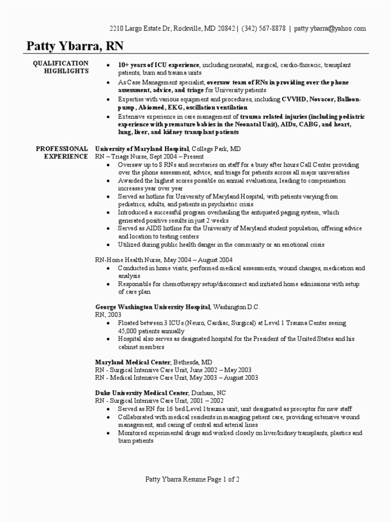 Sample Resume for Company Nurse with Job Description Registered Nurse Resume Sample Intensive Care Unit