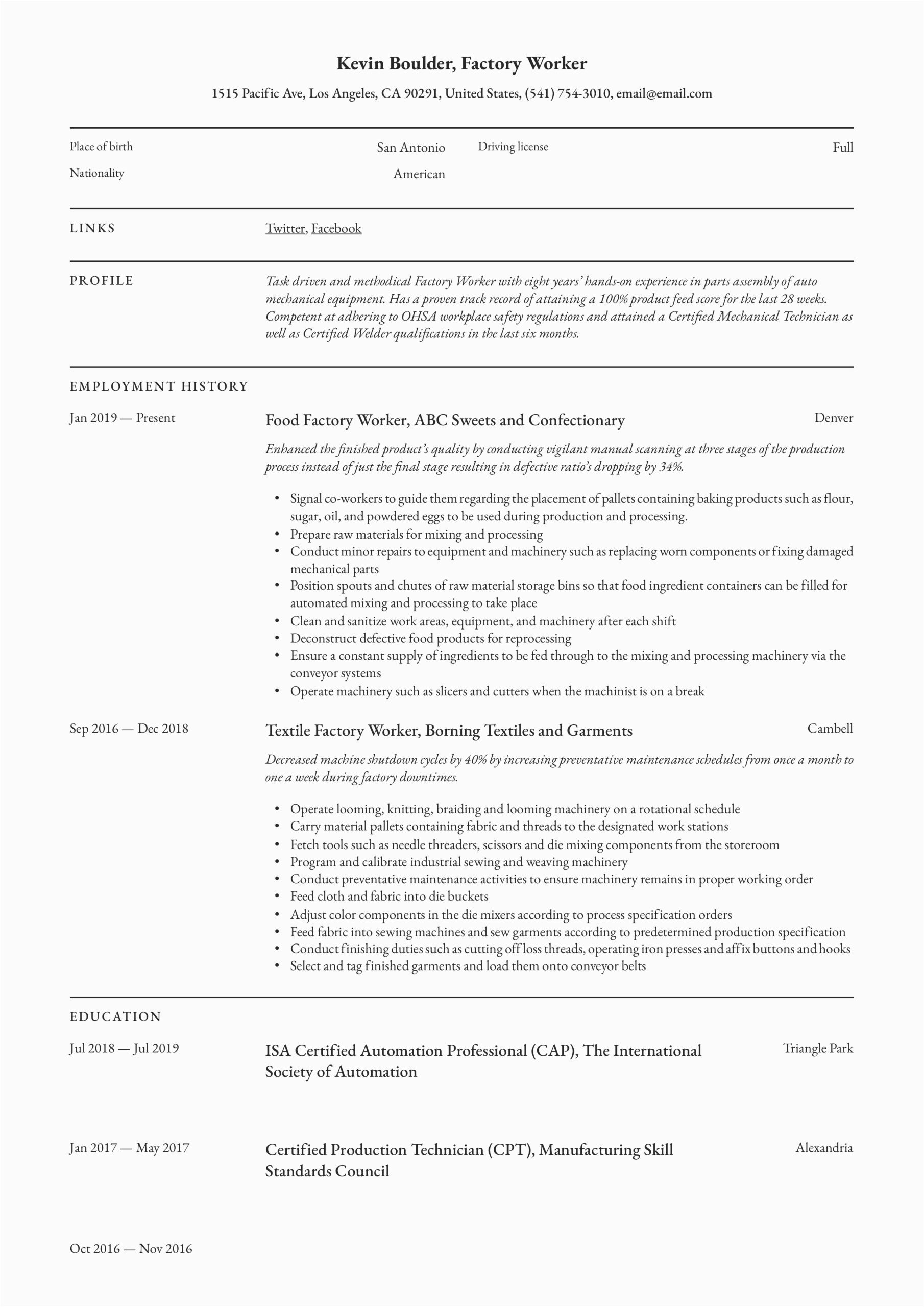 Sample Resume for Entry Level Factory Worker Resume Examples for Production Worker