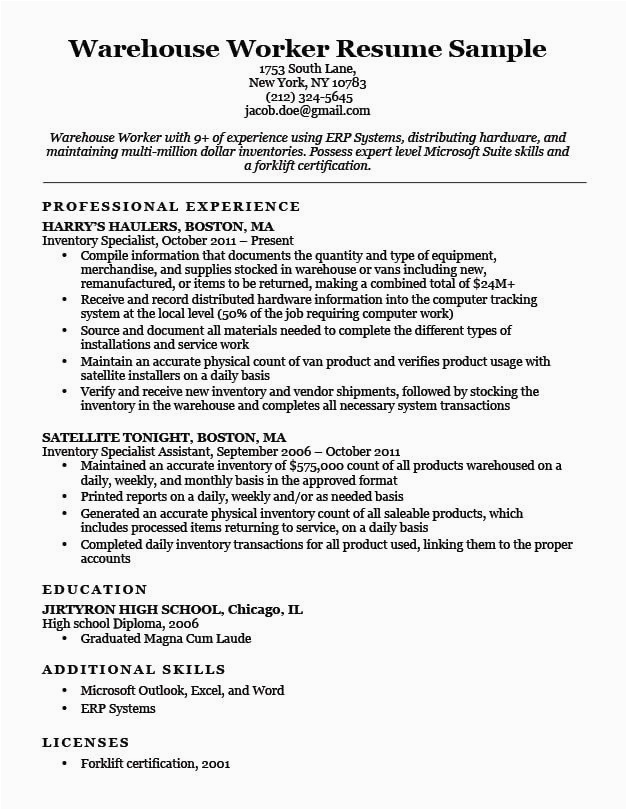 Sample Resume for Entry Level Factory Worker Resume Examples for Warehouse Worker Awesome Warehouse Worker Resume