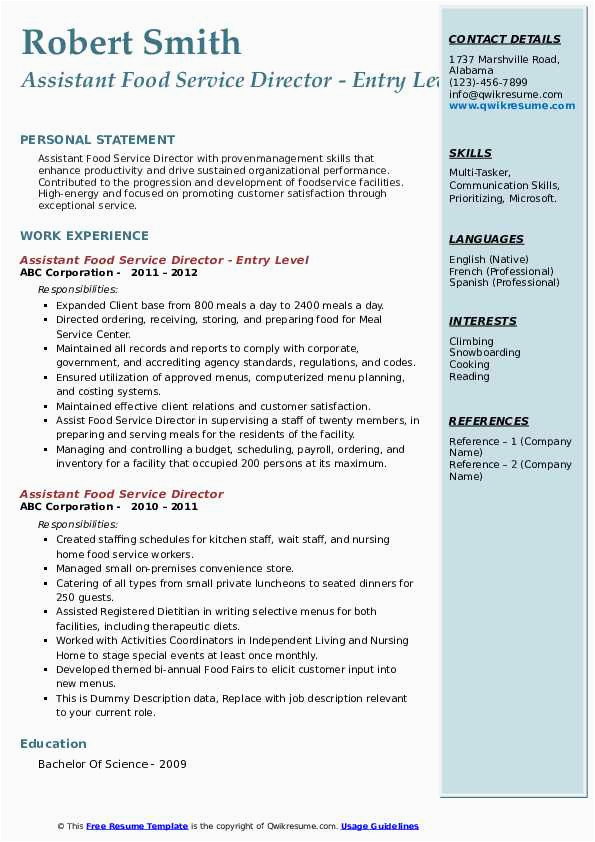 Sample Resume for Entry Level Food Service assistant Food Service Director Resume Samples