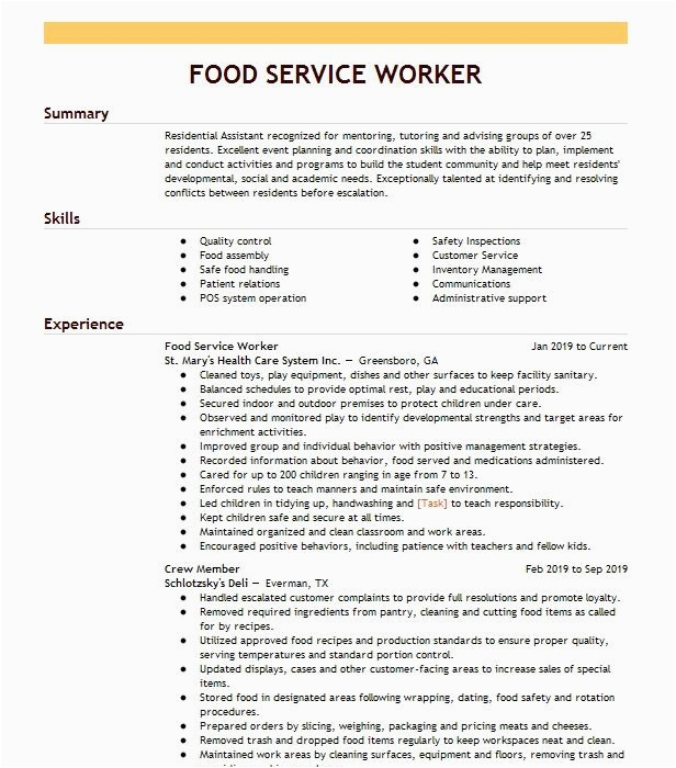 Sample Resume for Entry Level Food Service Entry Level Food Service Worker Resume Example Mod Pizza Jackson