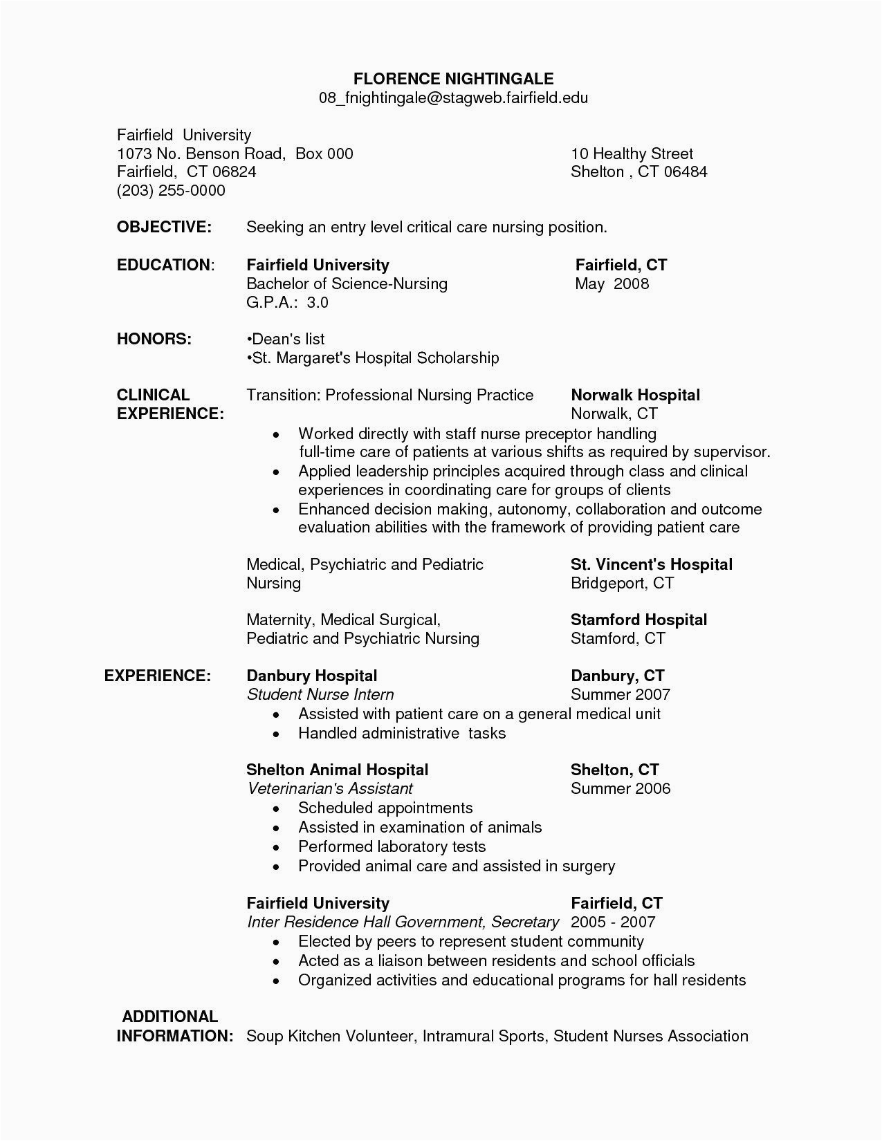 Sample Resume for Entry Level Graduate Lisenced Phlebotomist Student Nurse Intern Resume Sample Coverletterpedia