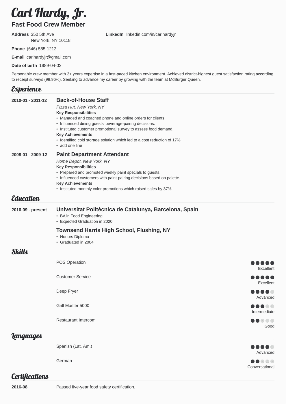 Sample Resume for Fast Food Worker Fast Food Resume Sample & Writing Guide 10 Tips