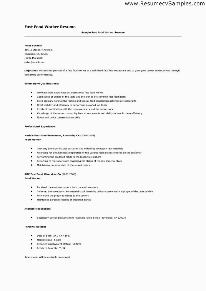 Sample Resume for Fast Food Worker format Of Fast Food Worker Resume