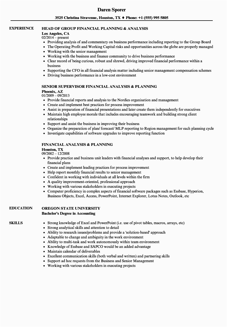 Sample Resume for Financial Planning and Analysis Financial Analysis Planning Resume Samples