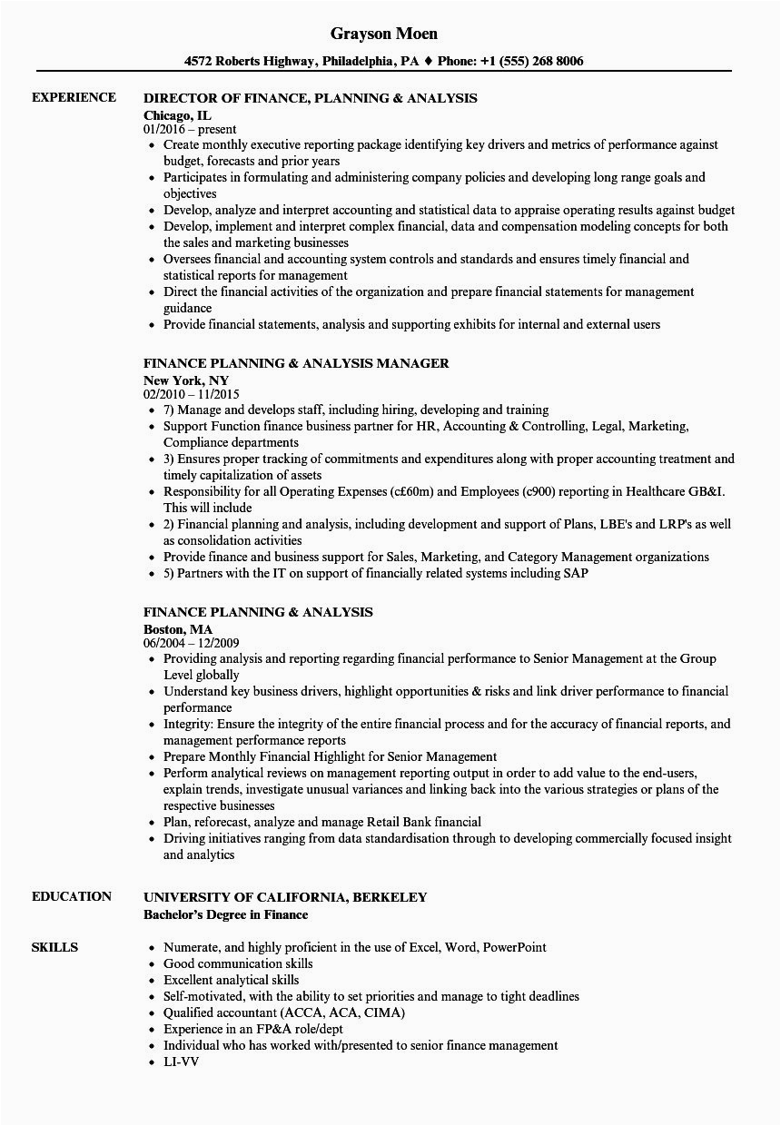 Sample Resume for Financial Planning and Analysis Financial Planning and Analysis Resume New Finance