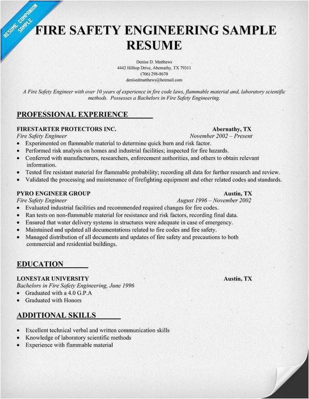 Sample Resume for Fire and Safety Officer Fire Safety Engineering Resume Sample Resume Panion