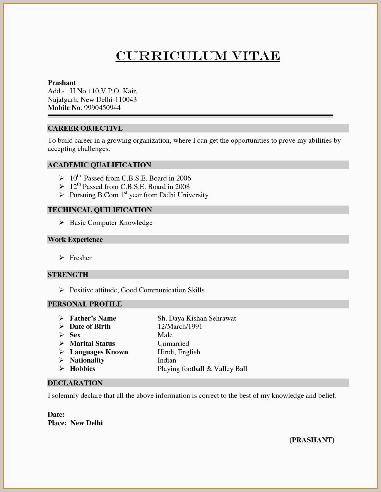 Sample Resume for Freshers Bcom Graduate Basic Resume format for Freshers B Graduate Best Resume Examples