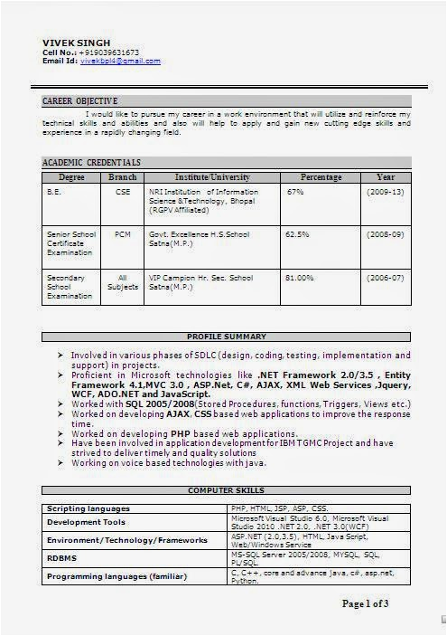 Sample Resume for Freshers In Indian Navy Cse Final Year Resume