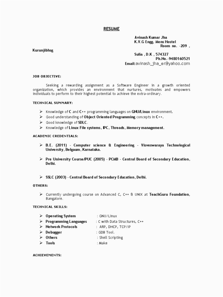 Sample Resume for Freshers In Linux Fresher Resume format 3 C