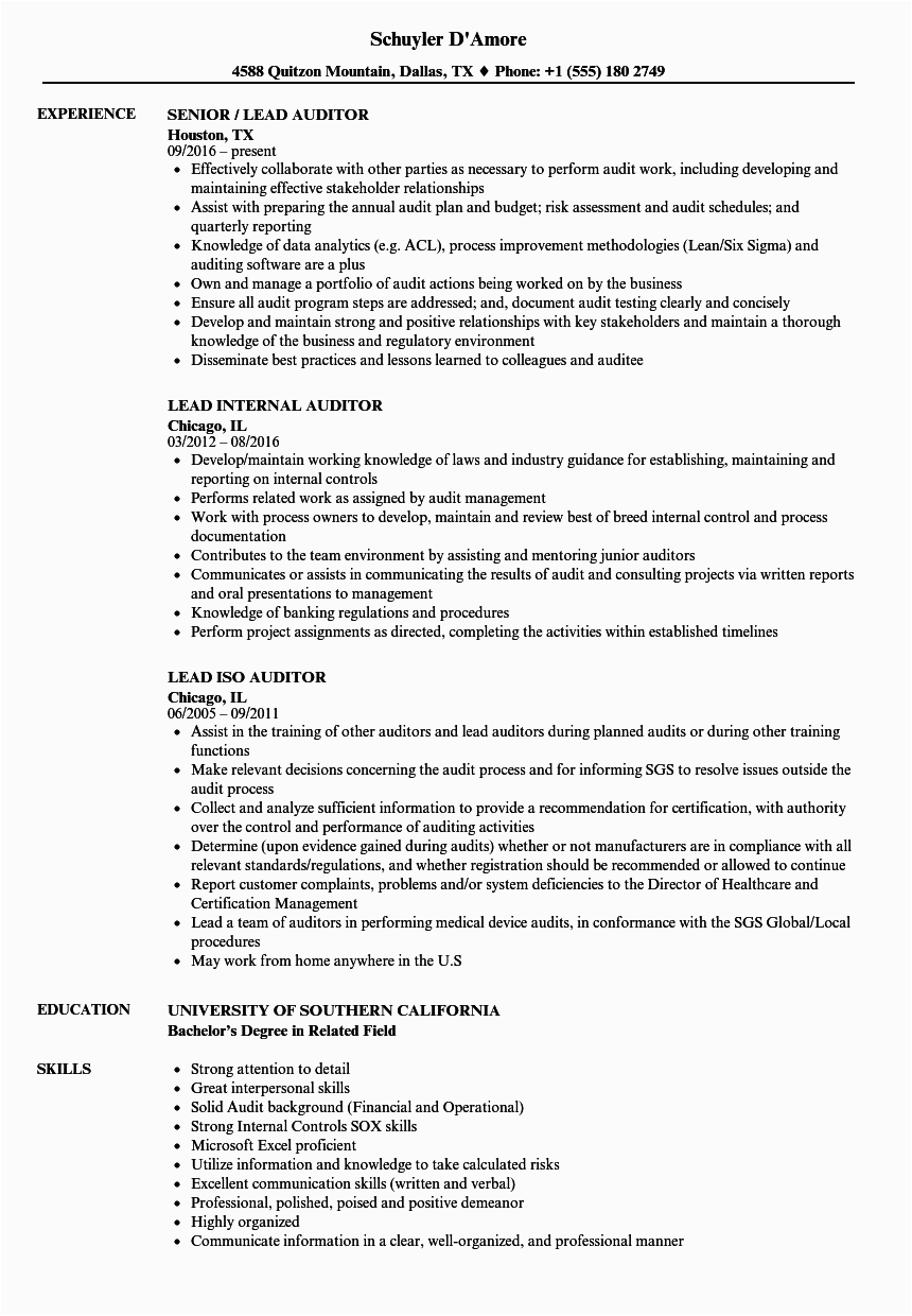 Sample Resume for iso Internal Auditor Auditor Lead Resume Samples Velvet Jobs