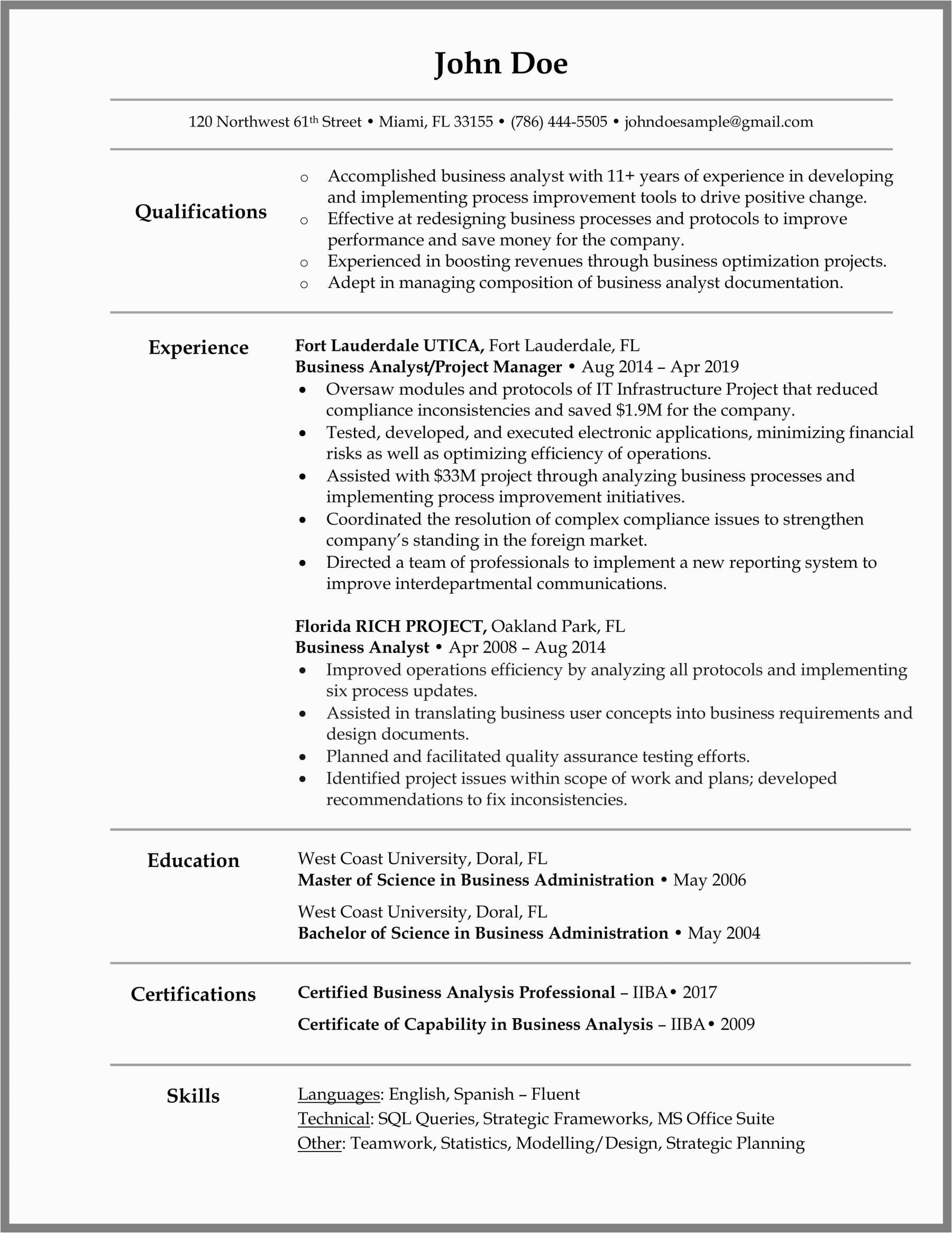Sample Resume for It Business Analyst Position Business Analyst Resume