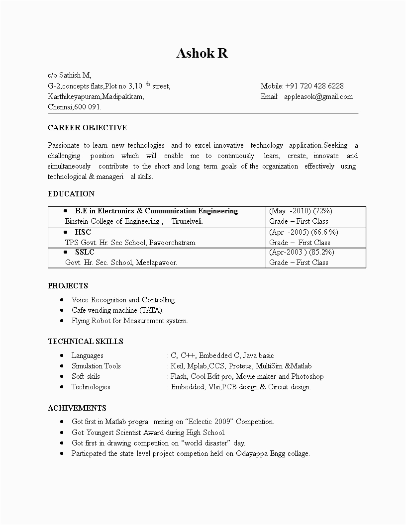 Sample Resume for It Engineers Freshers Electronics Engineering Fresher Resume format