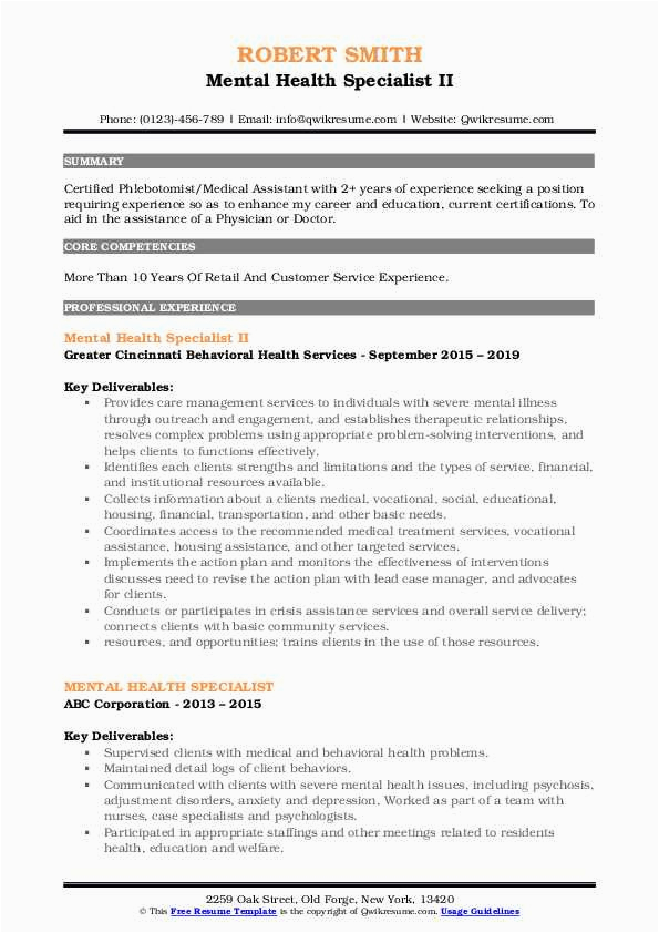 Sample Resume for Mental Health Specialist Mental Health Specialist Resume Samples