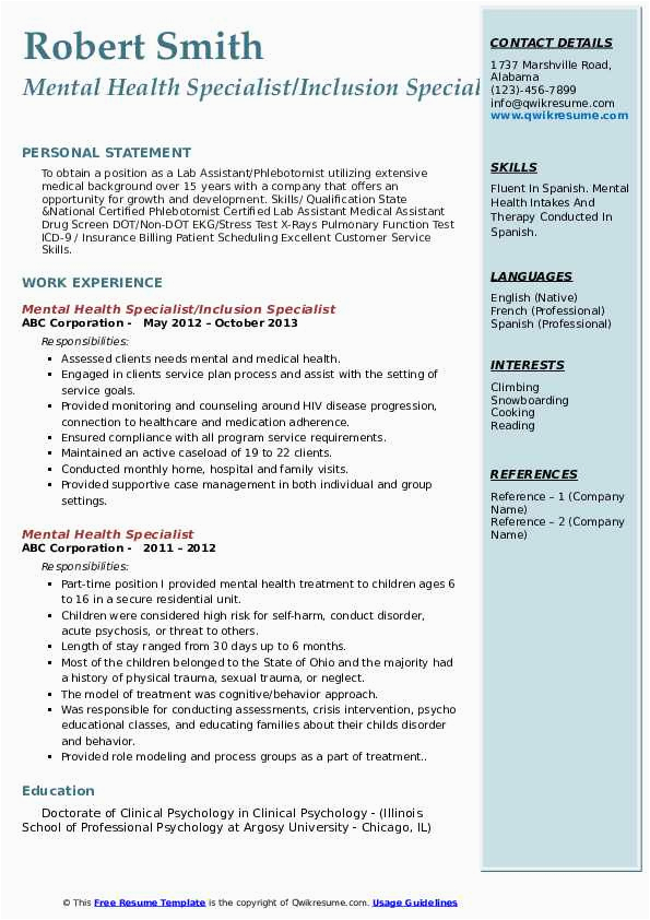 Sample Resume for Mental Health Specialist Mental Health Specialist Resume Samples