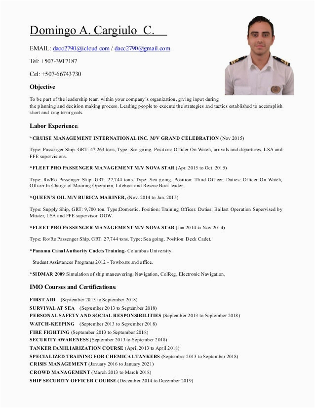Sample Resume for Merchant Navy Officers Domingo Cargiulo 2nd Ficer Cv