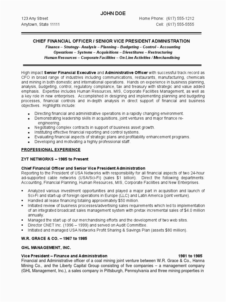 Sample Resume for Mergers and Acquisitions Cfo Resume1 Chief Financial Ficer
