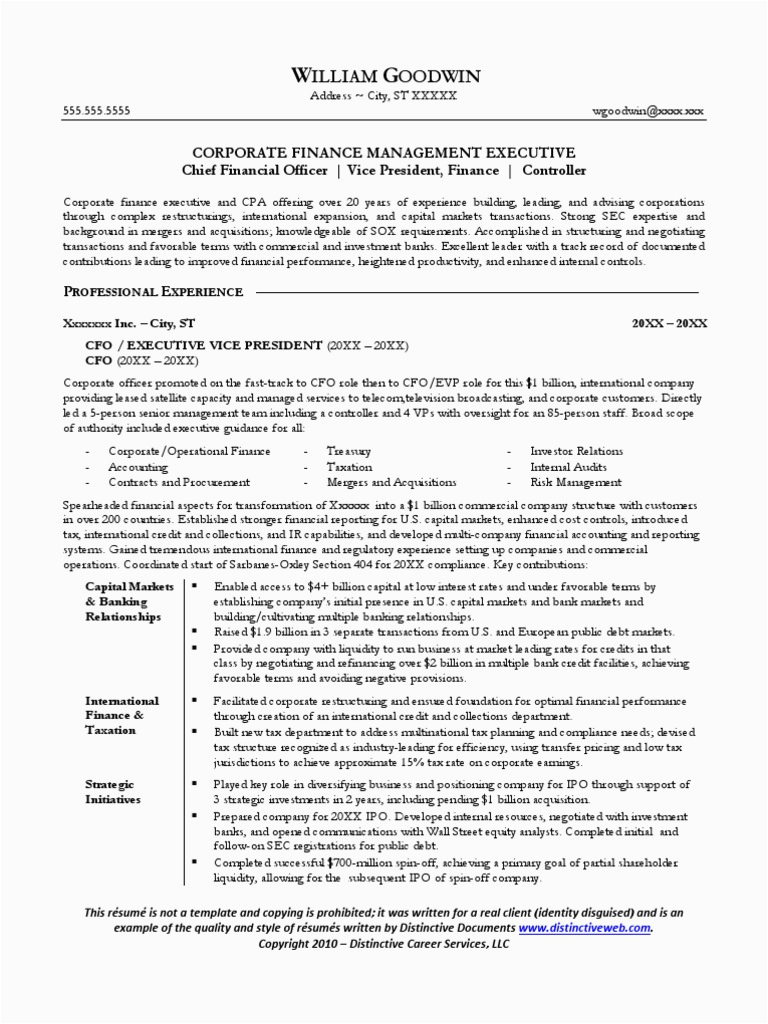 Sample Resume for Mergers and Acquisitions Cfo Sample Resume Chief Financial Ficer