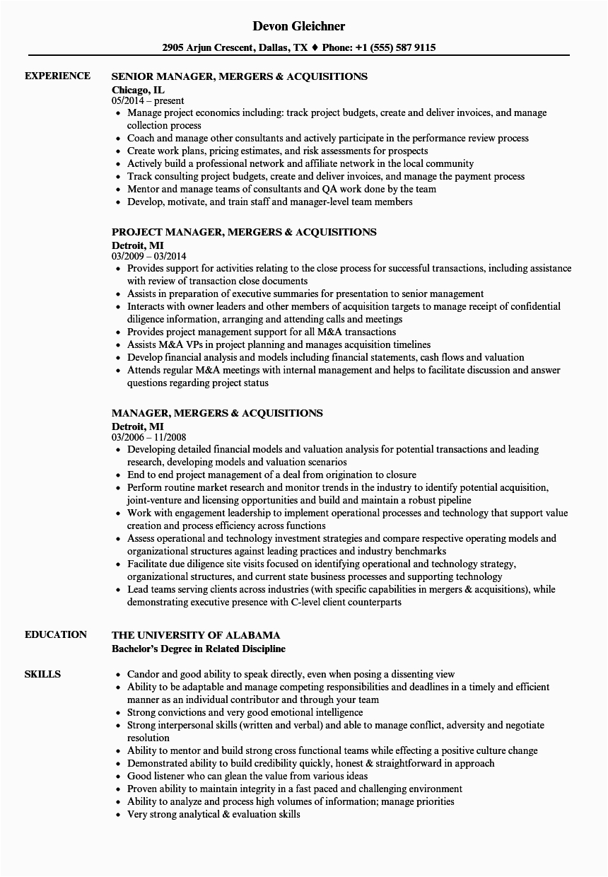 Sample Resume for Mergers and Acquisitions Mergers and Inquisitions Resume Template Template Major Investment
