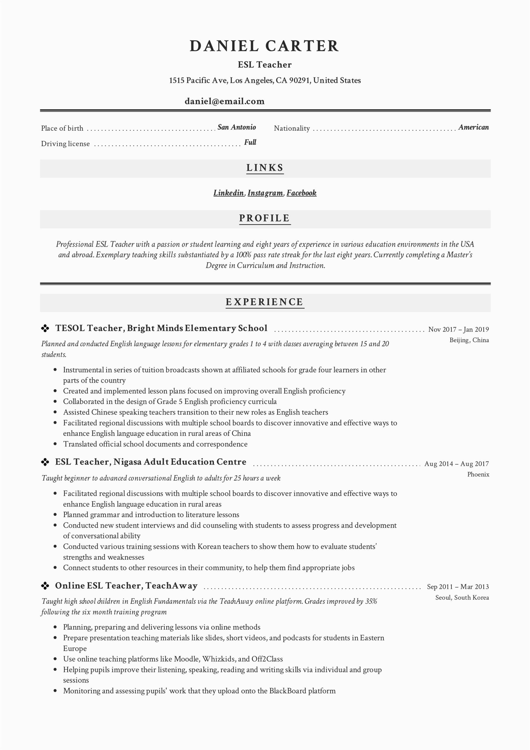 Sample Resume for Online English Teacher 19 Esl Teacher Resume Examples & Writing Guide