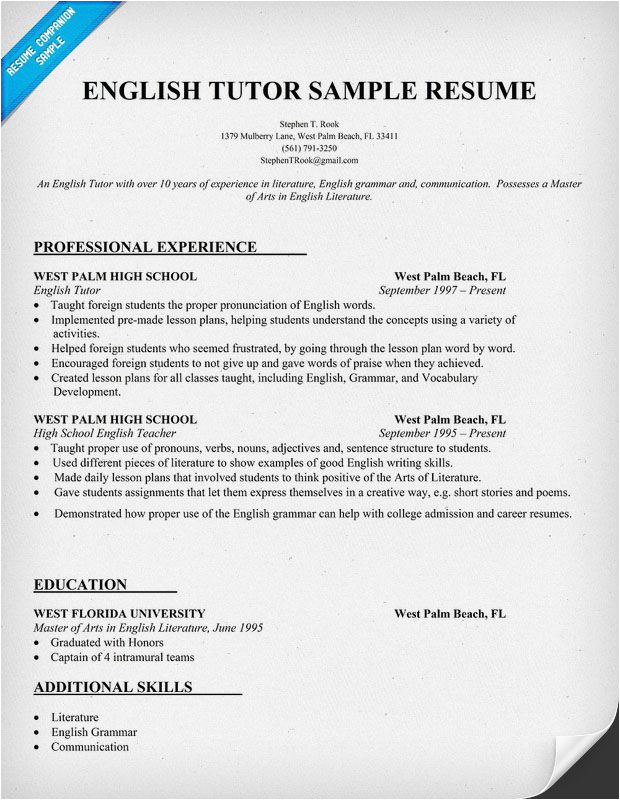 Sample Resume for Online English Tutor without Experience English Tutor Resume Example