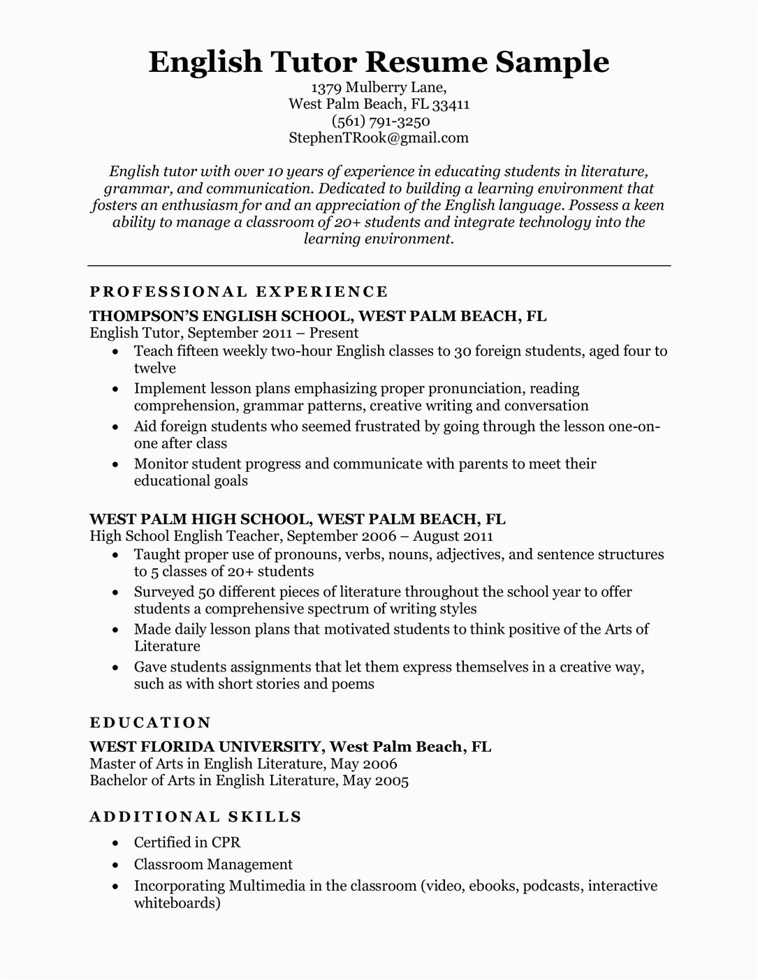 Sample Resume for Online English Tutor without Experience English Tutor Resume Sample