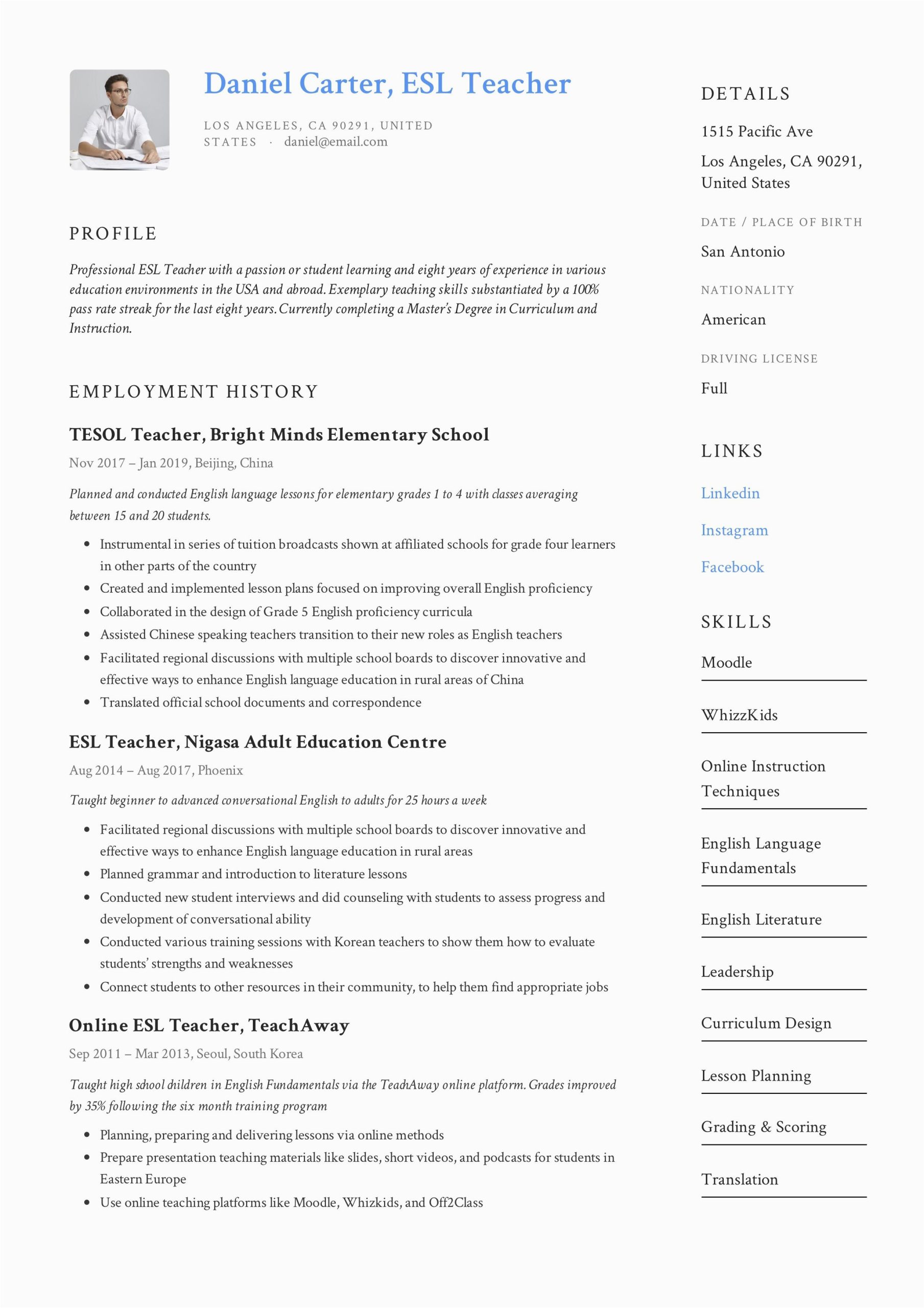 Sample Resume for Online Esl Teacher Esl Teacher Resume Example