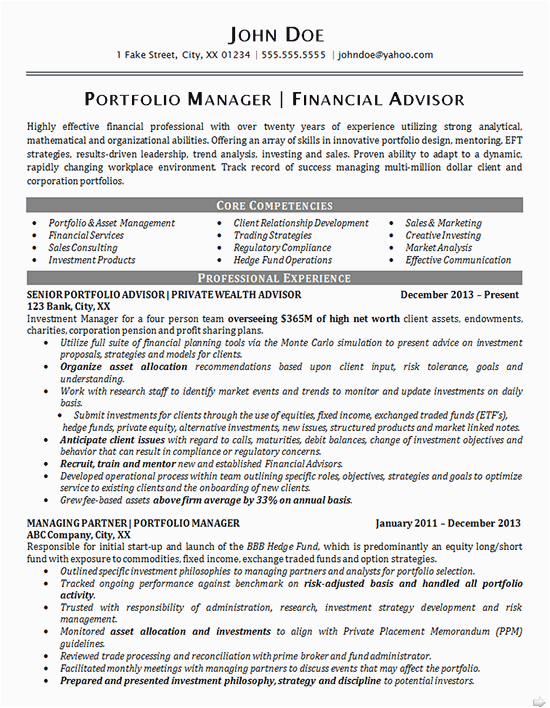 Sample Resume for Portfolio Manager Healthcare Portfolio Manager